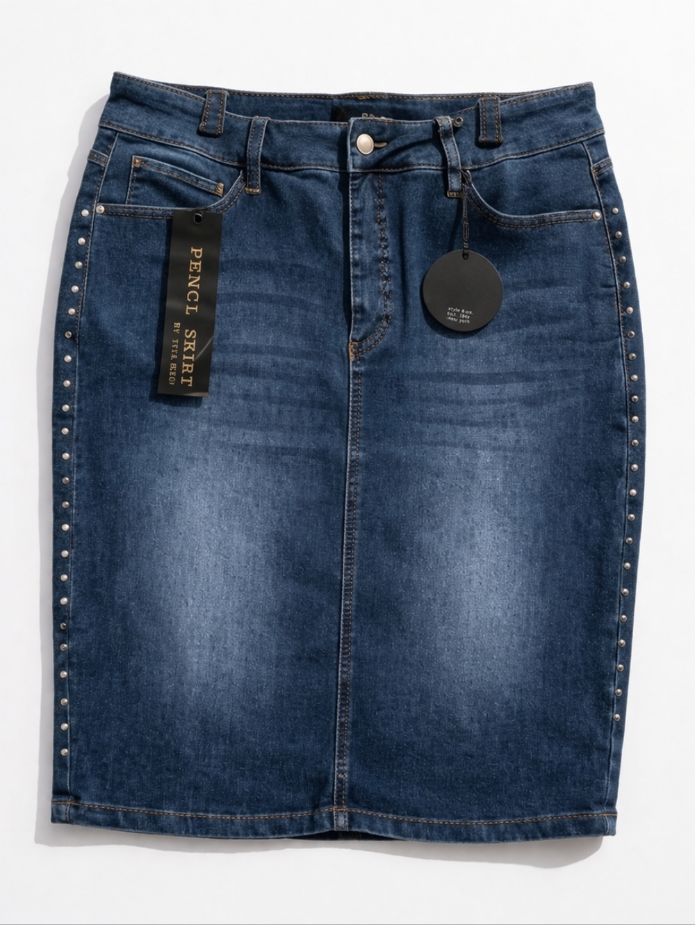 Style Me Blue Denim Stretch Pencil Skirt Stud Embellished Size 16